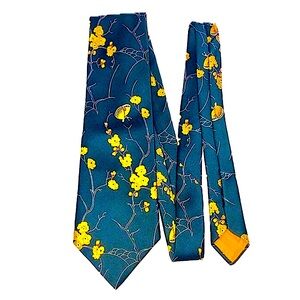 Vintage Woodwards Quo Vadis retro polyester tie, grey yellow, cherry blossoms